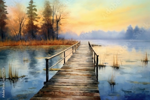 Beautifully Painted Watercolor Design of a Calm Lake Stroll © Supardi