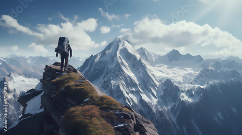 explorer walking on a narrow ridge high in the mountains © Asep