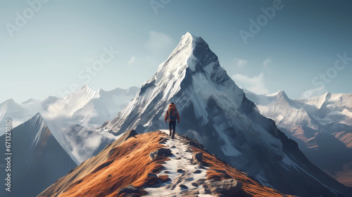 explorer walking on a narrow ridge high in the mountains
