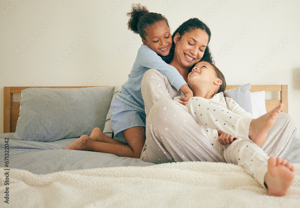 Mother, bed and children hug or happy with parent together in the morning laughing in a bedroom in a home. Funny, bonding and mom enjoy quality time with kids or girls with happiness and love - obrazy, fototapety, plakaty 