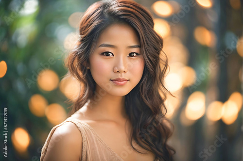 Ethereal Beauty: Captivating Asian Girl with a Radiant Smile Against Mesmerizing Bokeh Background © Eranga