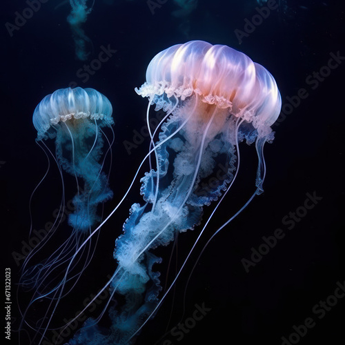  Translucent jellyfish tendrils against a deep ocean    © Sekai