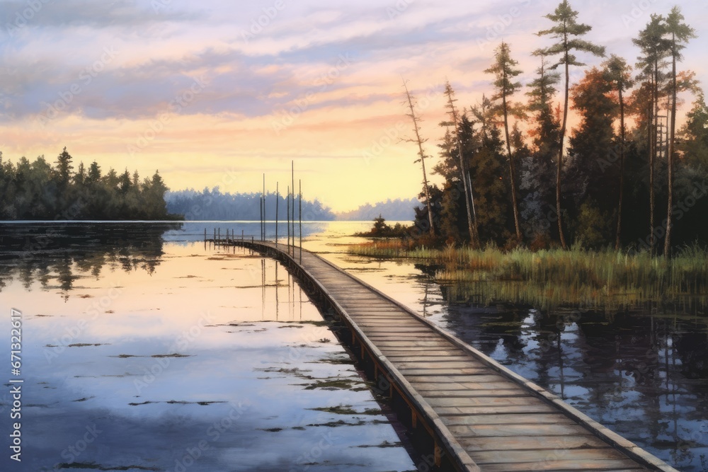 Fototapeta premium Calming Watercolor Design of a Dusk Walk on the Lake