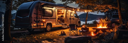 a recreational vehicle parked in a picturesque campsite, generative AI photo