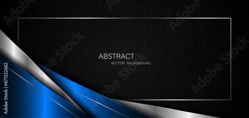 Abstract blue and silver polygons on dark steel mesh background. with free space for design. modern technology innovation concept background	