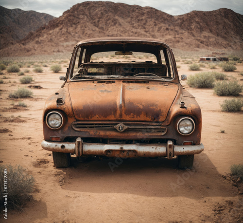 Rusty vintage car in the desert.