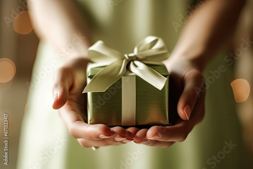 Close-Up of Female Hand Presenting a Green Gift Box © Supardi