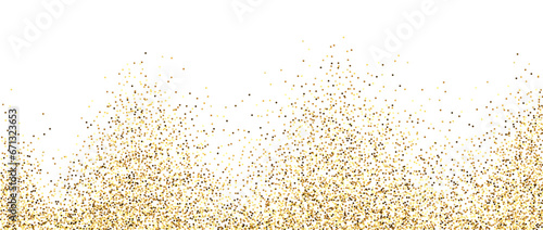 Golden glitter background. Sparkling small confetti wallpaper. Splashed gold dots texture. Border frame design. Christmas, New year, birthday decoration elements for posters, flyer, invitation. Vector