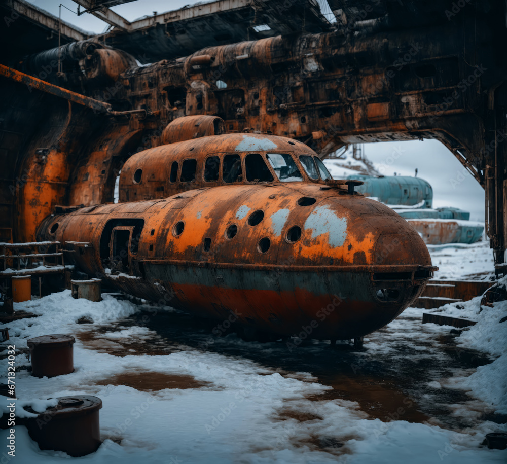 Secret military rusty submarine is abandoned in glacial sea Secret military rusty submarine is abandoned in glacial sea