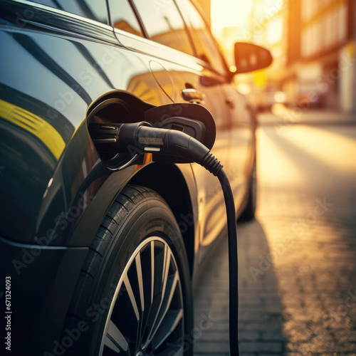 Advertising image, Close-up EV electric car plugged charging at standalone station. © Rainbow Kuma