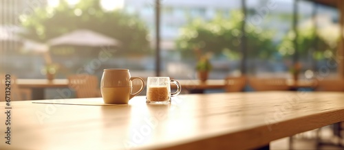 Coffee cup on the wooden table in coffee shop photo