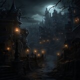 Haunted Village dark and foggy, dark village with heavy fog Halloween concept design. Dark village ghostly