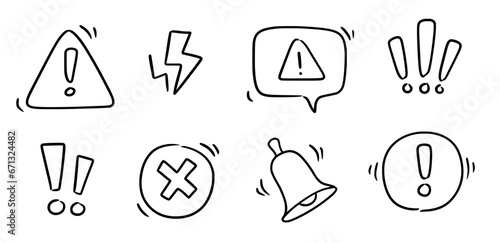 Doodle exclamation mark, alert danger sign set. Scribble hand drawn doodle exclamation triangle point, stop warning, hazard sign. Hand drawn sketch danger information sign. Vector illustration