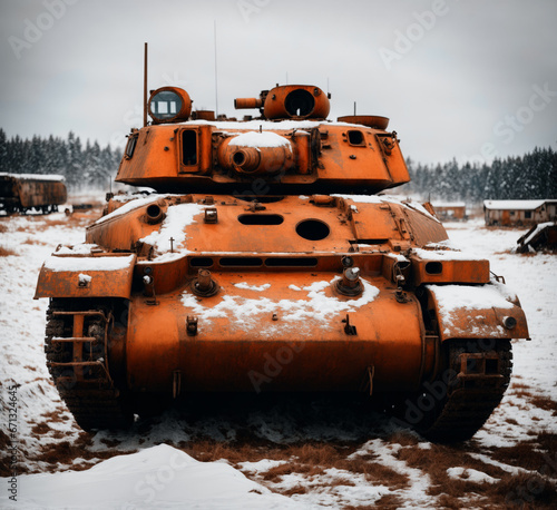 old abandoned army tank in the snow