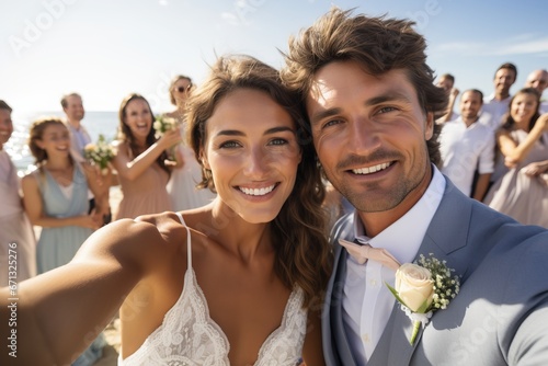 Beach Wedding Couples Getting Married Taking Selfies photo
