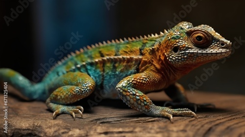 Close-up of a colorful chameleon on a wooden background. 