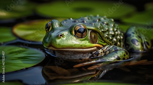 Green frog sitting on a lily pad. Close-up. 