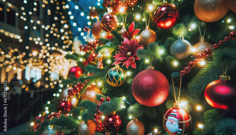 Christmas tree decorated with red and golden balls and garlands on blurred background. Generative ai. Christmas tree decorated with red and golden balls and garlands on blurred background. Generative ai.