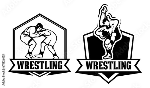 Set wrestling logo design template. Wrestling sport championship badge logo illustration.