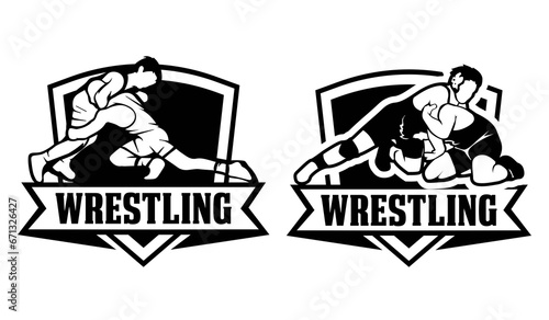 Set wrestling logo design template. Wrestling sport championship badge logo illustration.