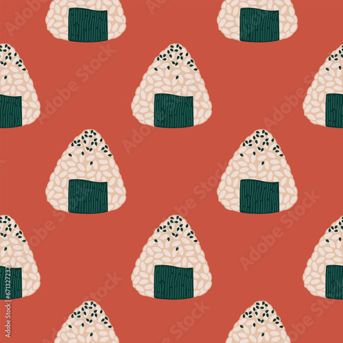 Onigiri seamless vector pattern. Japanese rice balls with nori seaweed, seafood stuffing, sesame seeds. Delicious Asian snack, fast street food. Flat cartoon background for print, web, menu, delivery