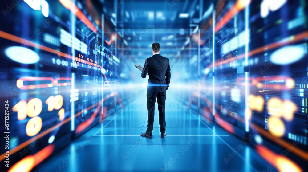 Man rear view in data center office room with computers, research hologram. Ai generative Man rear view in data center office room with computers, research hologram. Ai generative