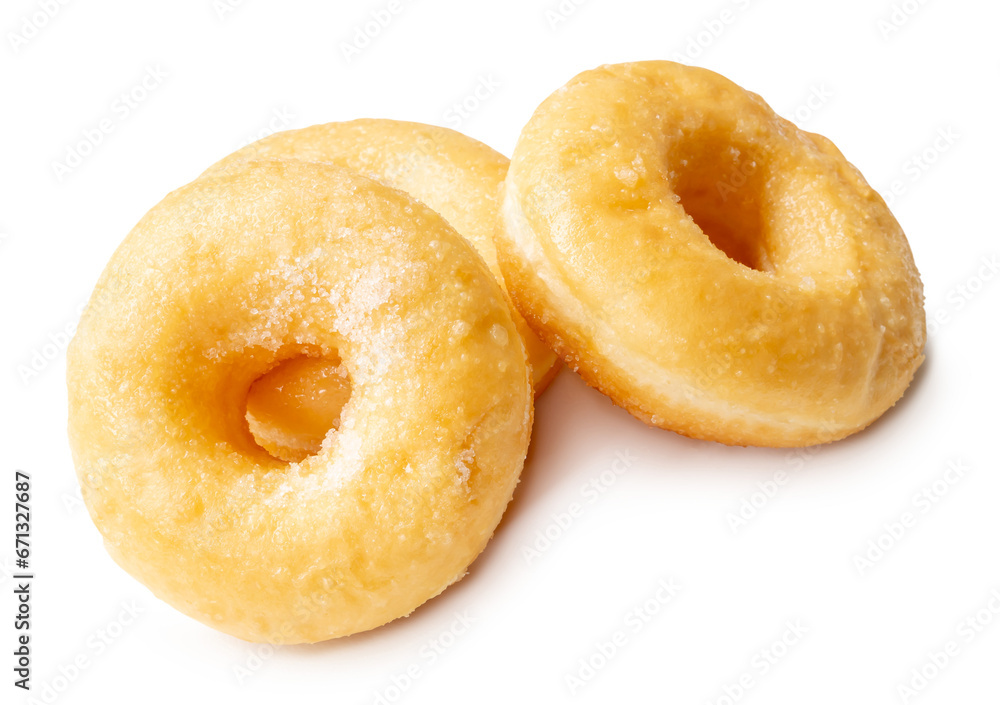 Top view of three delicious Cinnamon Sugar Mini Donuts in stack isolated on white background with clipping path Top view of three delicious Cinnamon Sugar Mini Donuts in stack isolated on white background with clipping path
