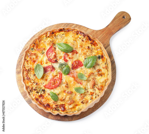 Tasty quiche with cheese, tomatoes and basil leaves isolated on white, top view