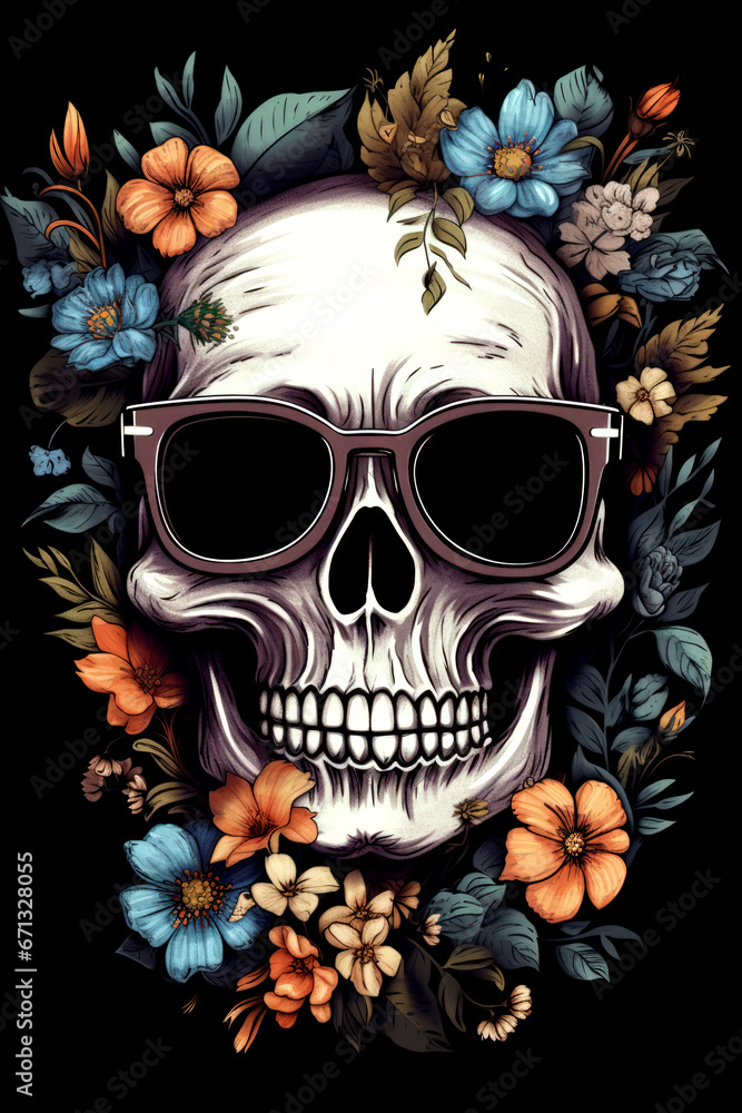 Portrait skull with flower on the black background AI Generative Portrait skull with flower on the black background AI Generative