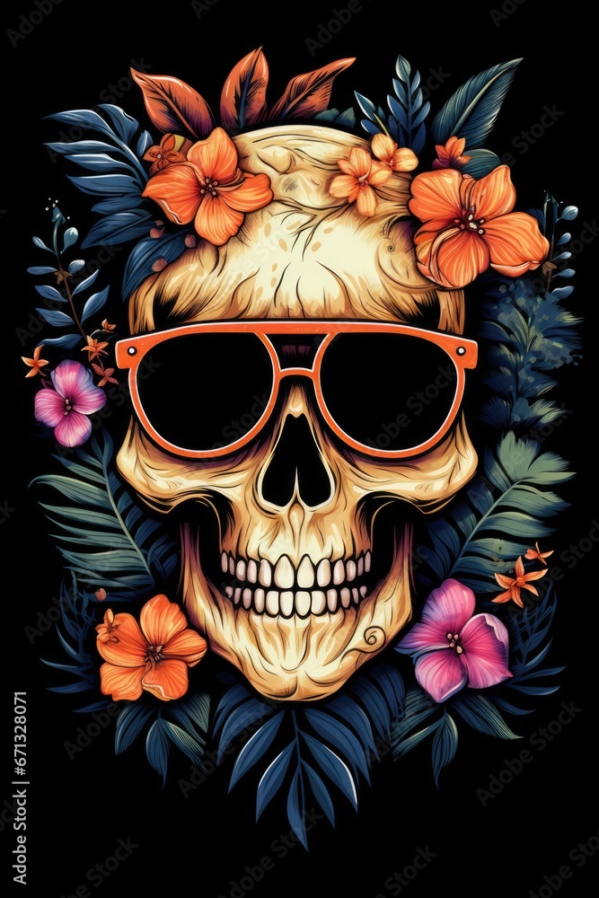 Portrait skull with flower on the black background AI Generative