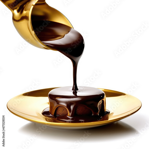 Advertising image, close-up of chocolate sauce being poured onto a gold plate on a white background, isolated