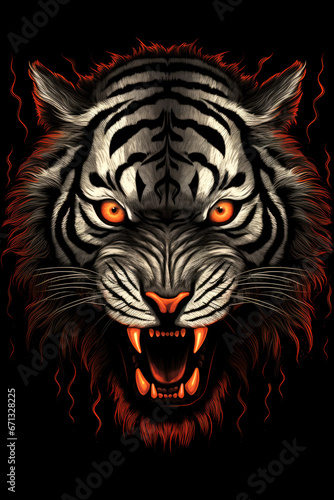 Design illustration a angry tiger face on the black background AI Generative © Tebha Workspace