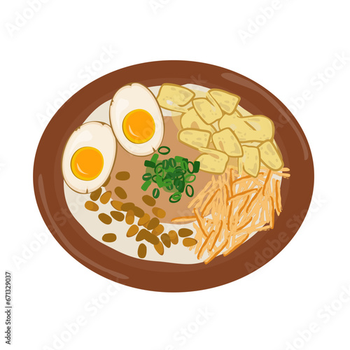 Indonesian chicken porridge with boiled egg and nuts (bubur ayam)