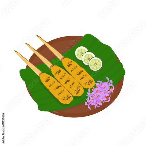 Indonesian food of grilled chicken with lime and sambal matah (Sate lilit Bali)