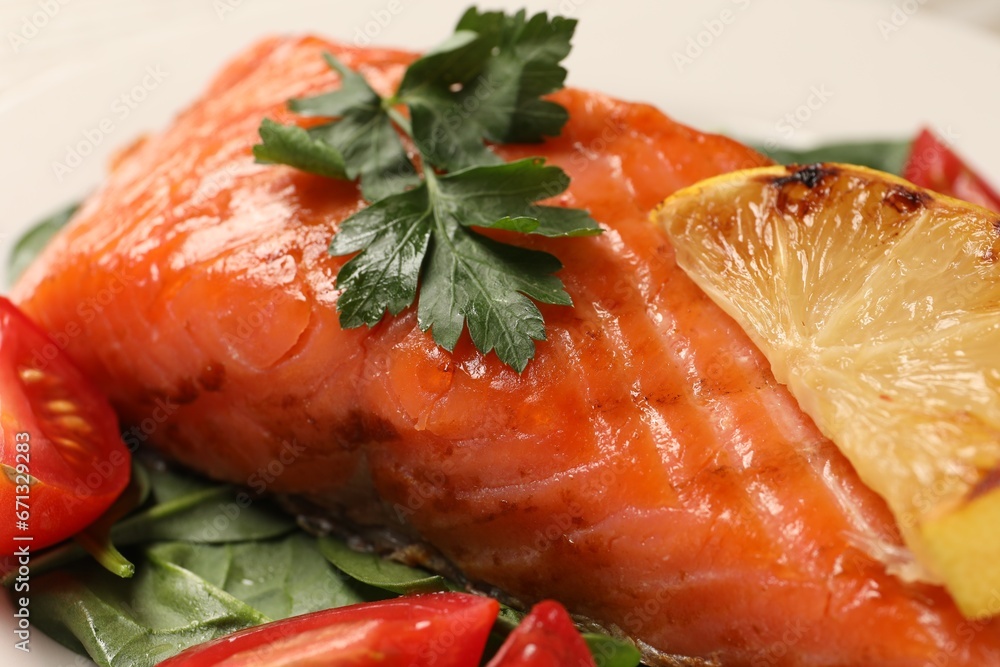 Tasty grilled salmon with tomatoes, lemon and basil, closeup