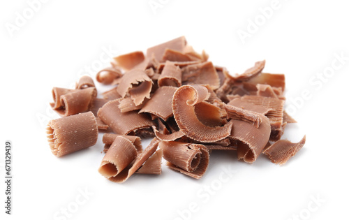 Pile of tasty chocolate shavings isolated on white