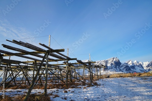 Fish drying rack during winter season at Norway, Europe. © Chaiwat