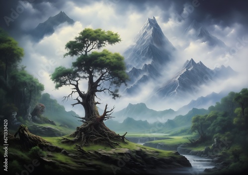 tree mountain valley river floating lands clouds standing plains rohan simple fractal mountains madness lonely photo