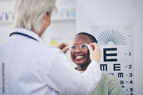 Photography Eye exam, glasses and vision, doctor and patient with women in optometry clinic, health insurance and help