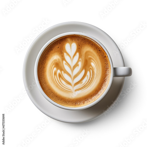 top view of a cappuccino coffee cup isolated on a white background