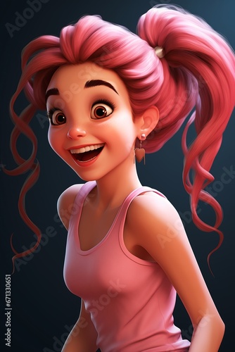 closeup cartoon girl pink hair tank top excited expression cute looks talented crazy hacker ecstatic human deep lighting young long