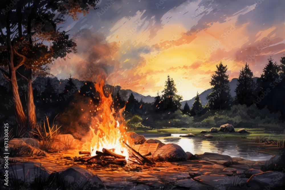 Bonfire Watercolor Illustration Igniting Imaginations