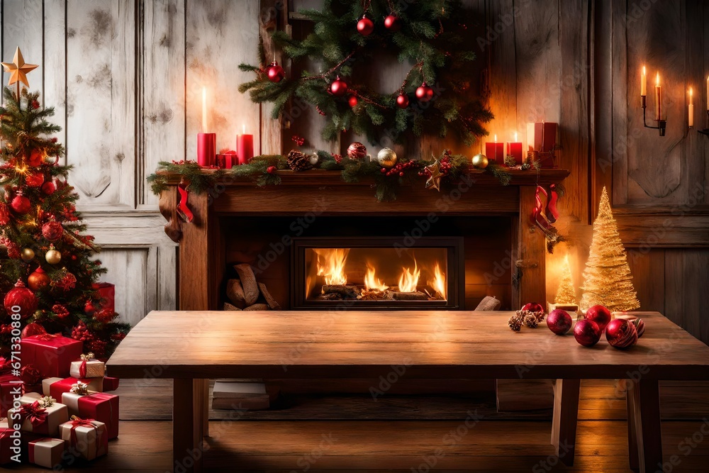 a fireplace and an empty wooden table with Christmas decorations in the backdrop