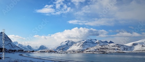 Beautiful snow mountain during winter season at Lofoten, Norway, Europe.