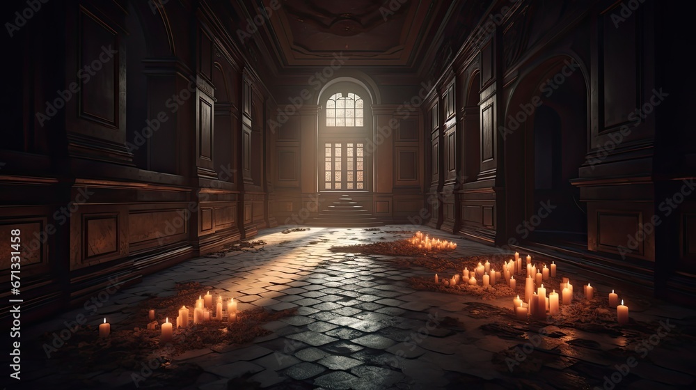 a dark corridor with candles burning in it