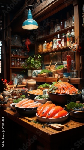 Wallpaper of Vibrant Market Stalls Selling Fresh Sushi and Japanese Delicacies  Generative AI