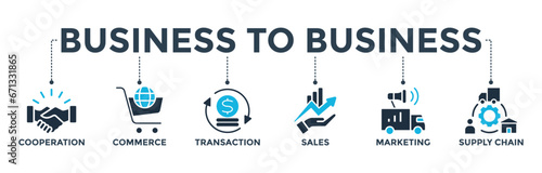 Business to business banner web icon vector illustration concept with icon of cooperation, commerce, transaction, sales, marketing, supply chain