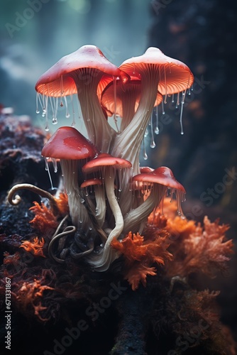 mushrooms growing tree stump acid rains sacred nipple magic conduits three dwarf reddish light micro slimy photo