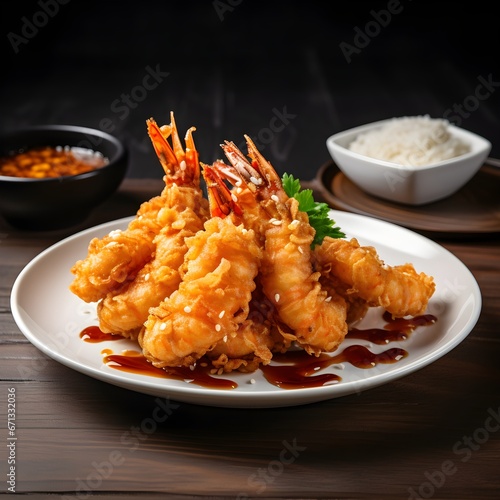 fried shrimps with sauce, Fried shrimps with sauce, crispy golden shrimps, chinese food.