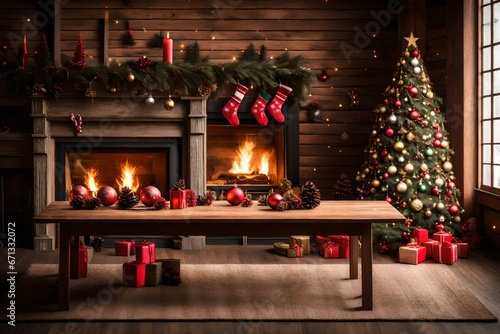 a fireplace and an empty wooden table with Christmas decorations in the backdrop © Hassan